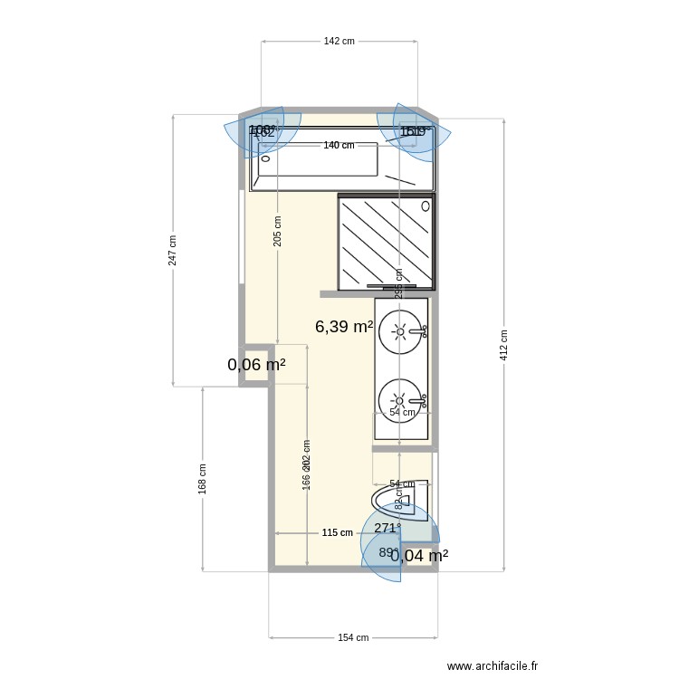 draft sdb aménagé. Plan de 3 pièces et 6 m2