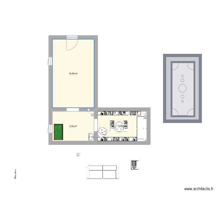 Bibliothèque, travail de kharis. Plan de 3 pièces et 28 m2