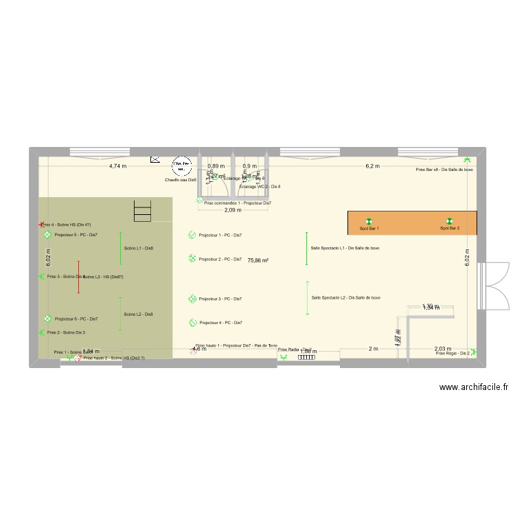 GN - Salle Spectacle. Plan de 3 pièces et 78 m2