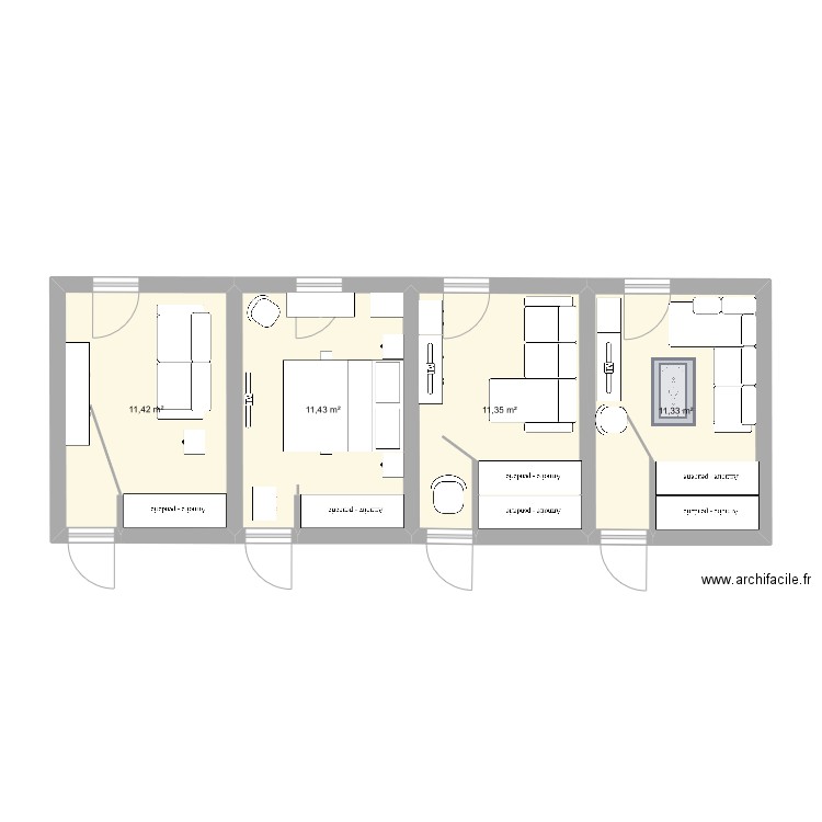 chambres. Plan de 4 pièces et 46 m2