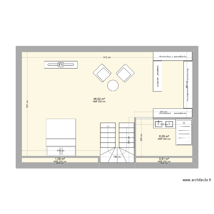 Niveau R+2 - Modifié deuxième idée. Plan de 4 pièces et 53 m2