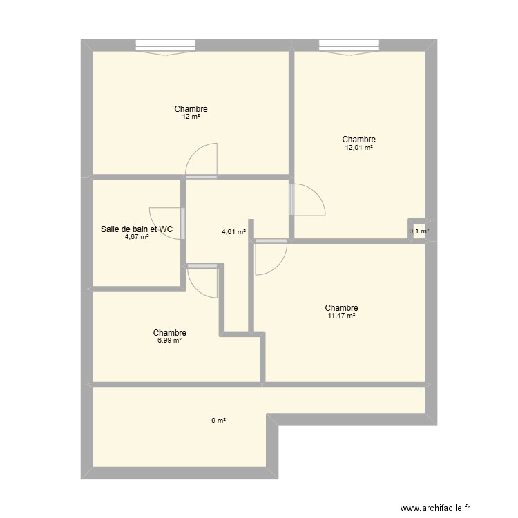 Etage. Plan de 8 pièces et 61 m2