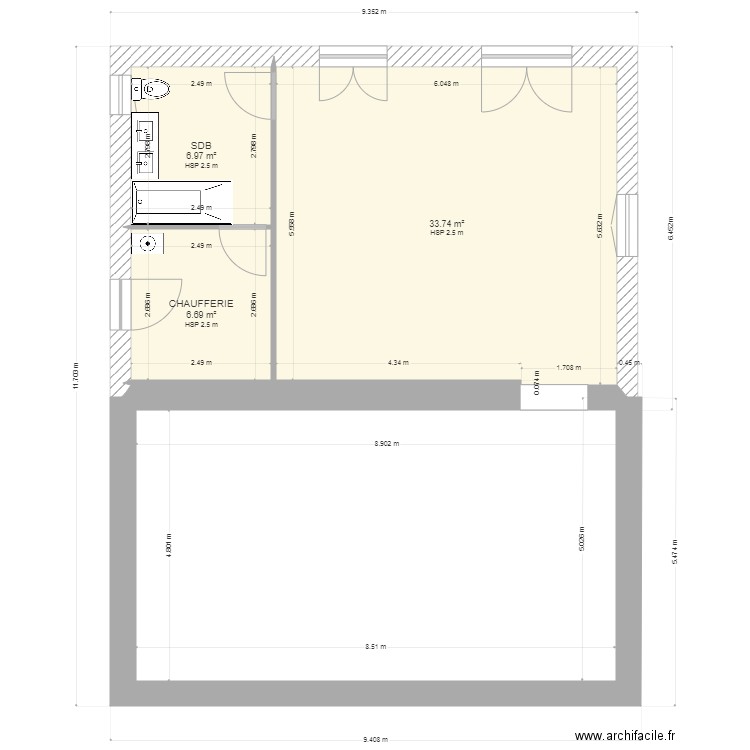 plan extension Fred 1 modif SDB 2. Plan de 3 pièces et 47 m2