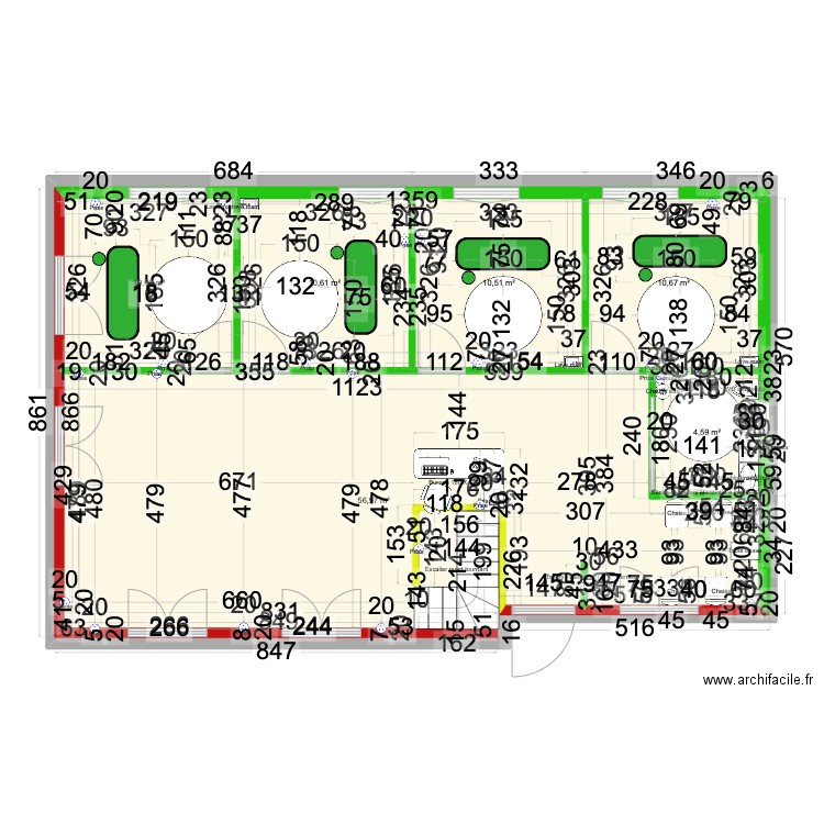 dojo. Plan de 16 pièces et 184 m2