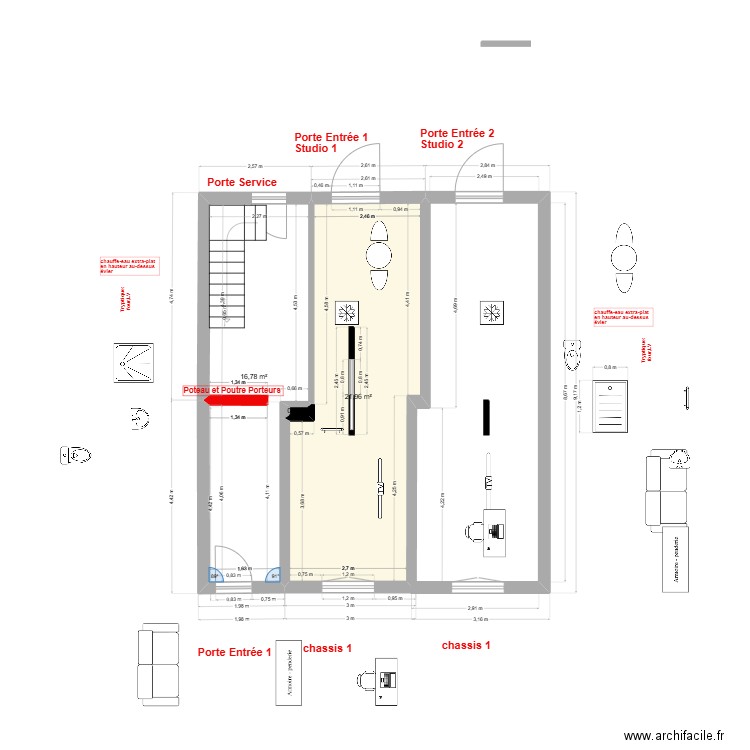 immeuble 1 RDC VB-0 2 studios. Plan de 3 pièces et 39 m2