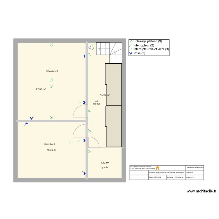 Niveau +2 chambre 3 & 4 - grenier. Plan de 4 pièces et 59 m2