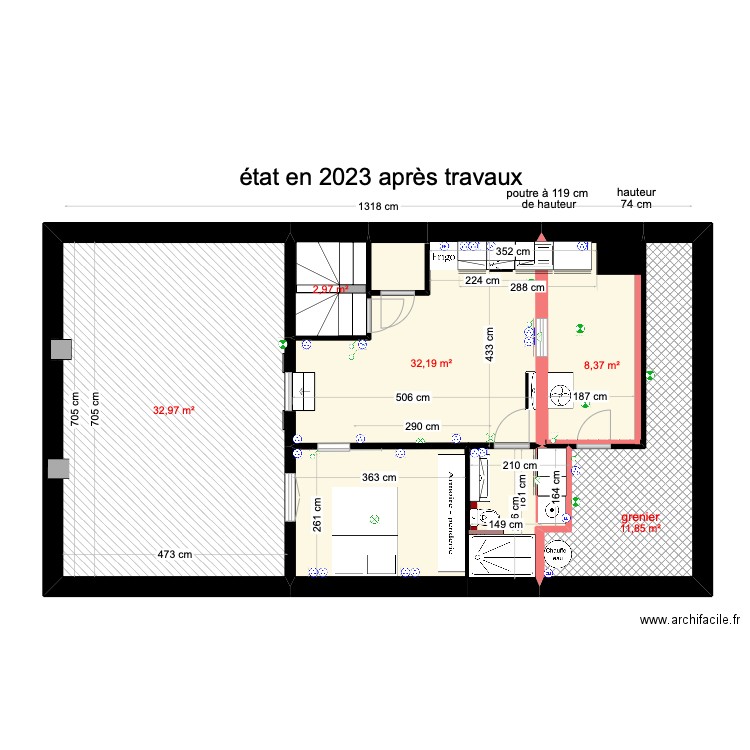 Coq 2ème étage après travaux 2023. Plan de 5 pièces et 88 m2