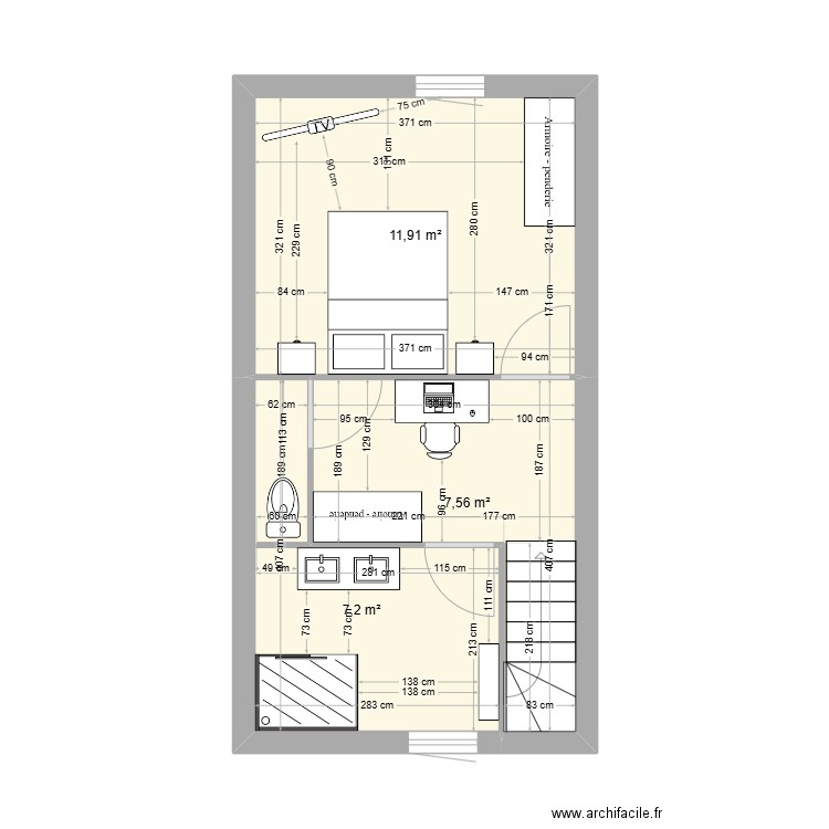 etage maman. Plan de 3 pièces et 27 m2