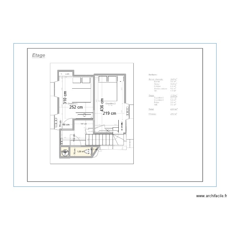 Renovation étage Granville 3. Plan de 3 pièces et 2 m2