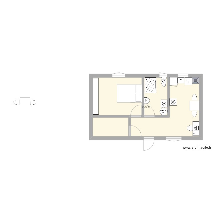 matou. Plan de 1 pièce et 34 m2