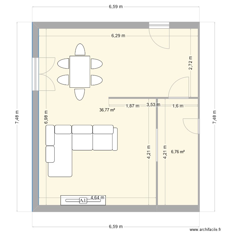 DOCTEUR. Plan de 2 pièces et 44 m2