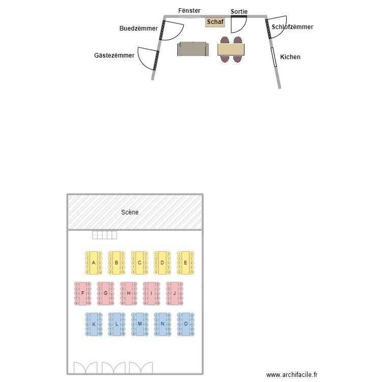 Tables. Plan de 2 pièces et 408 m2