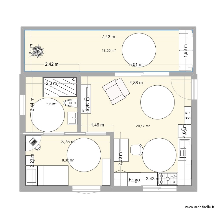 devoir hajji. Plan de 4 pièces et 48 m2