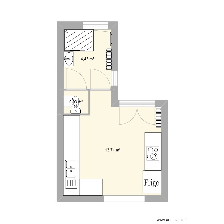 SDB +cuisine après. Plan de 3 pièces et 19 m2