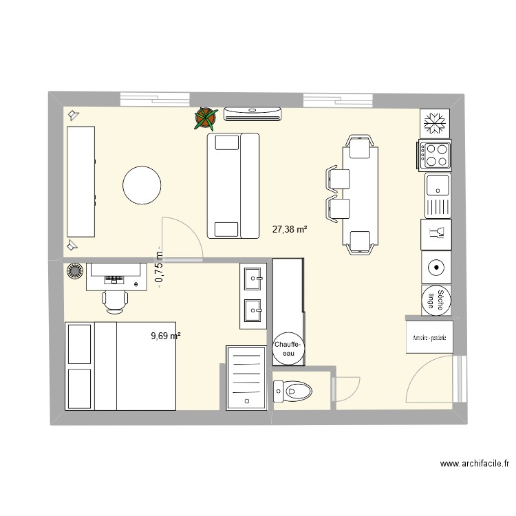 Projet Studio V2. Plan de 2 pièces et 37 m2