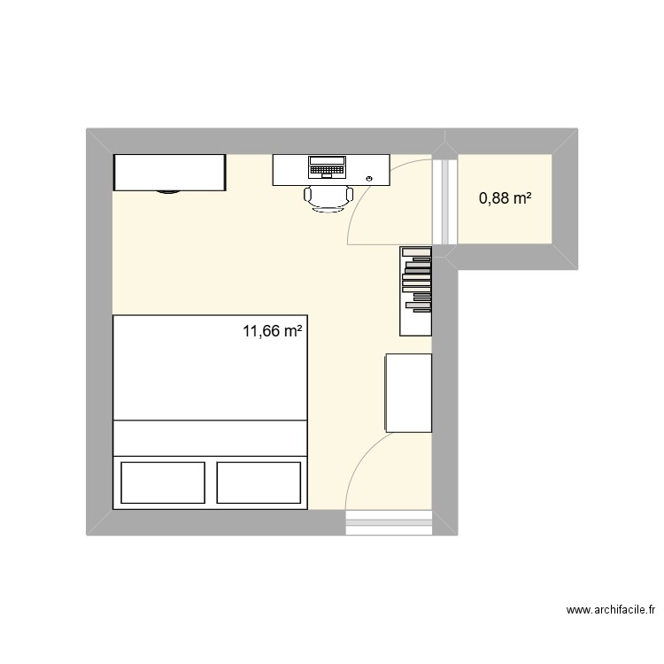 Chambre originale. Plan de 2 pièces et 13 m2