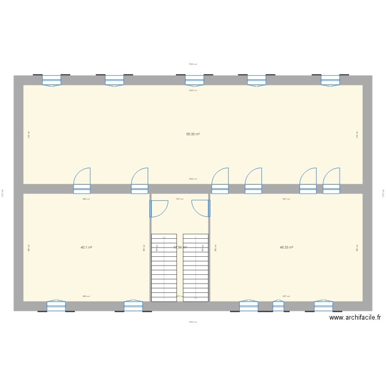 Premier étage nue. Plan de 4 pièces et 206 m2