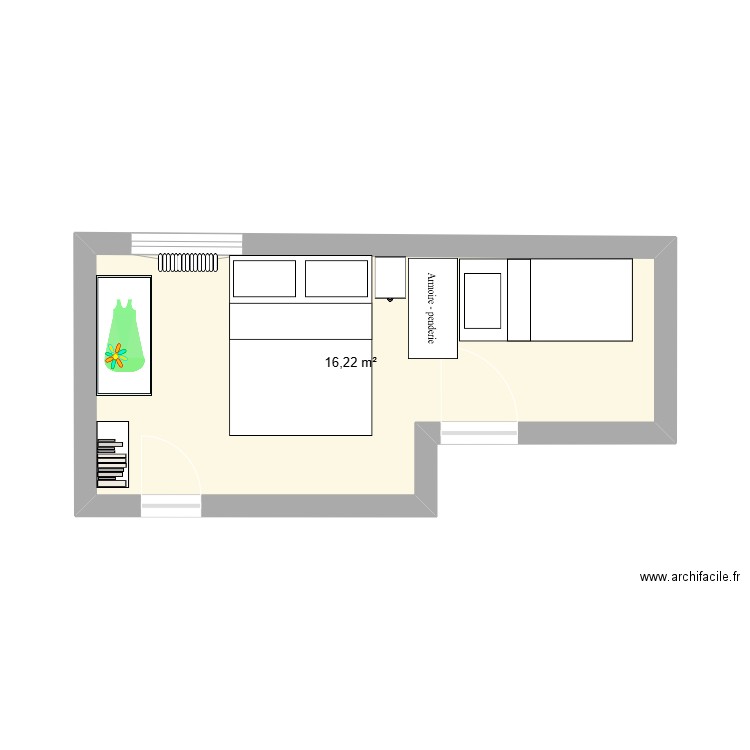 Chambre loulous actuelle. Plan de 1 pièce et 16 m2