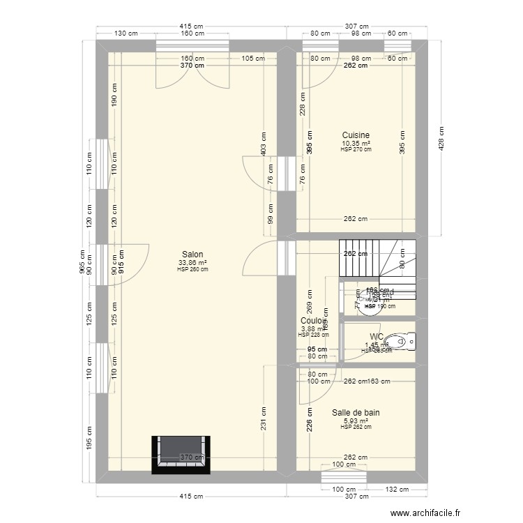 rdc . Plan de 6 pièces et 57 m2