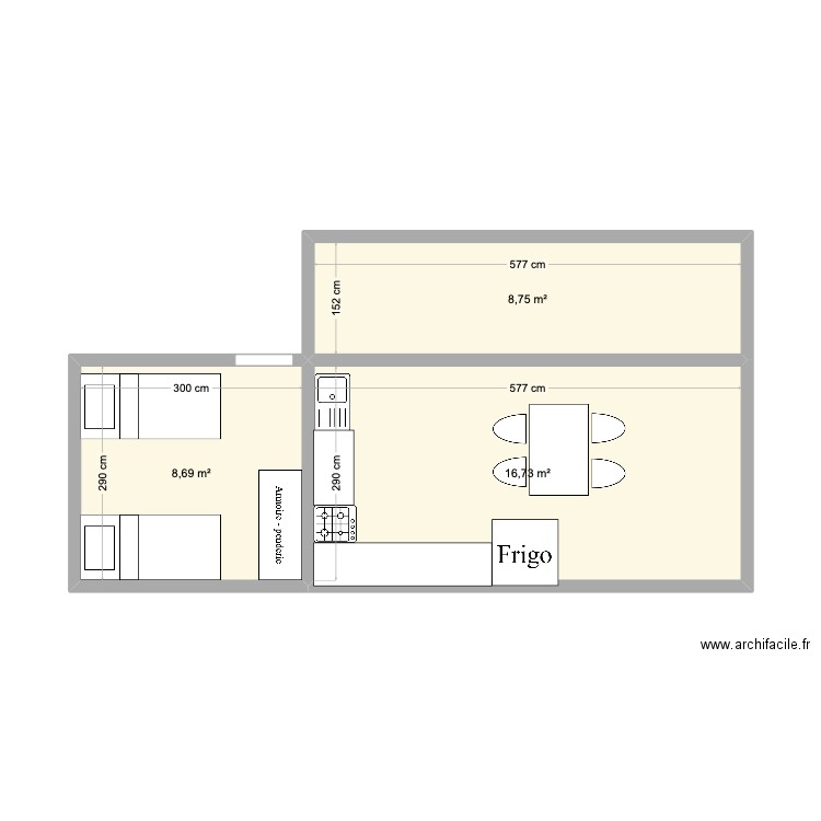 zone commune 1 chambre. Plan de 3 pièces et 34 m2