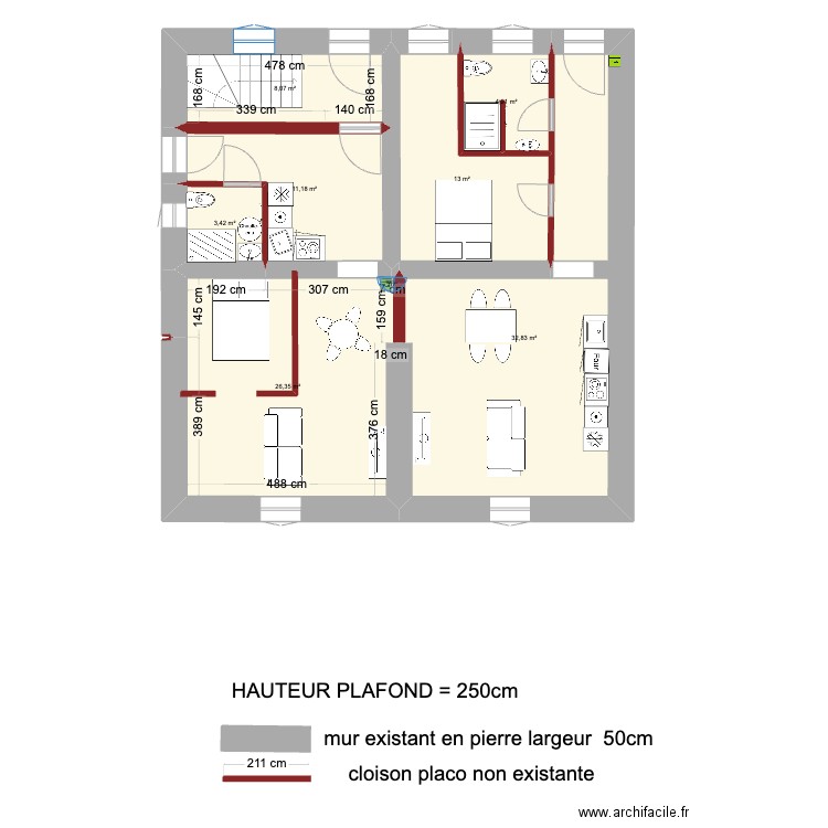 Apt RDC Hugues version studio. Plan de 7 pièces et 100 m2