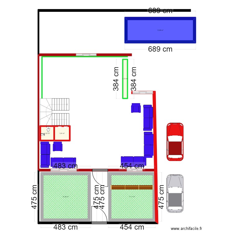 RDC. Plan de 6 pièces et 53 m2