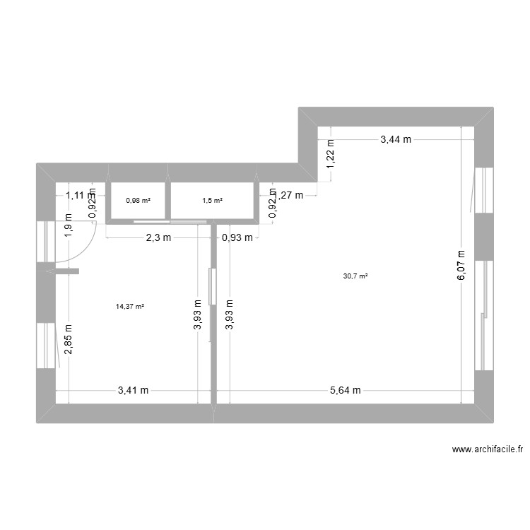 RDC. Plan de 4 pièces et 48 m2