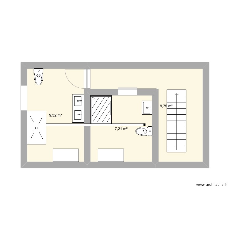 Salle de bain étage. Plan de 3 pièces et 26 m2