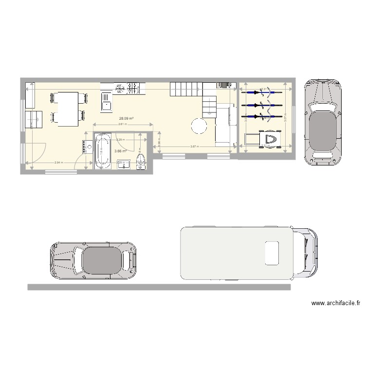 Maison Bleu 5. Plan de 3 pièces et 39 m2