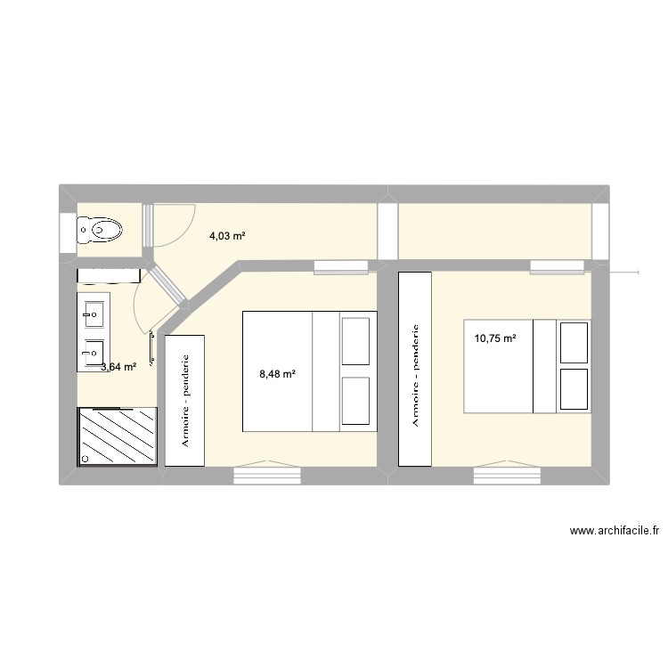 etage chambres + sdb. Plan de 4 pièces et 27 m2