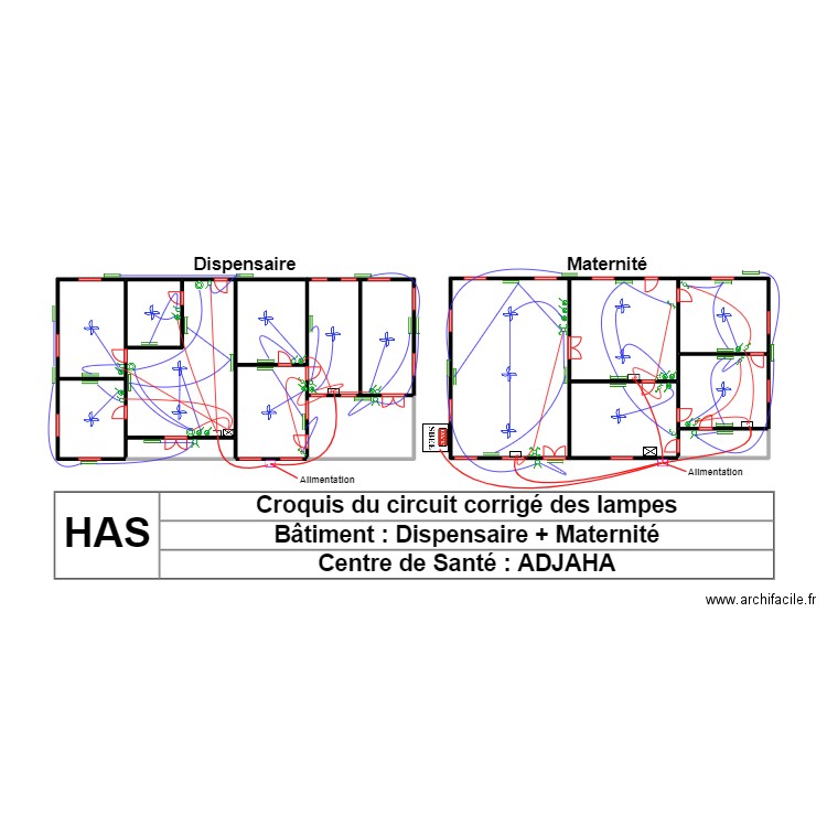 CROQUIS CIRCUIT CORRIGE  DES LAMPES DISPENSAIRE MATERNITE CS ADJAHA. Plan de 16 pièces et 89 m2