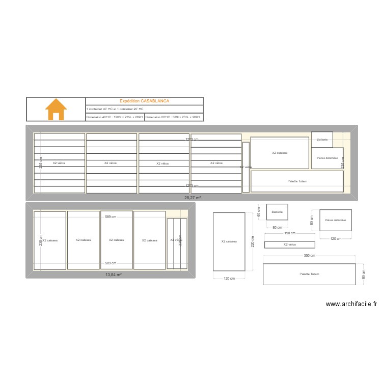 Répartition conteneur. Plan de 2 pièces et 42 m2