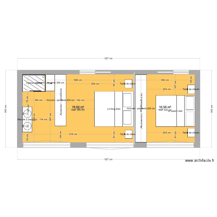 CHAMBRE PARENTAL. Plan de 2 pièces et 30 m2