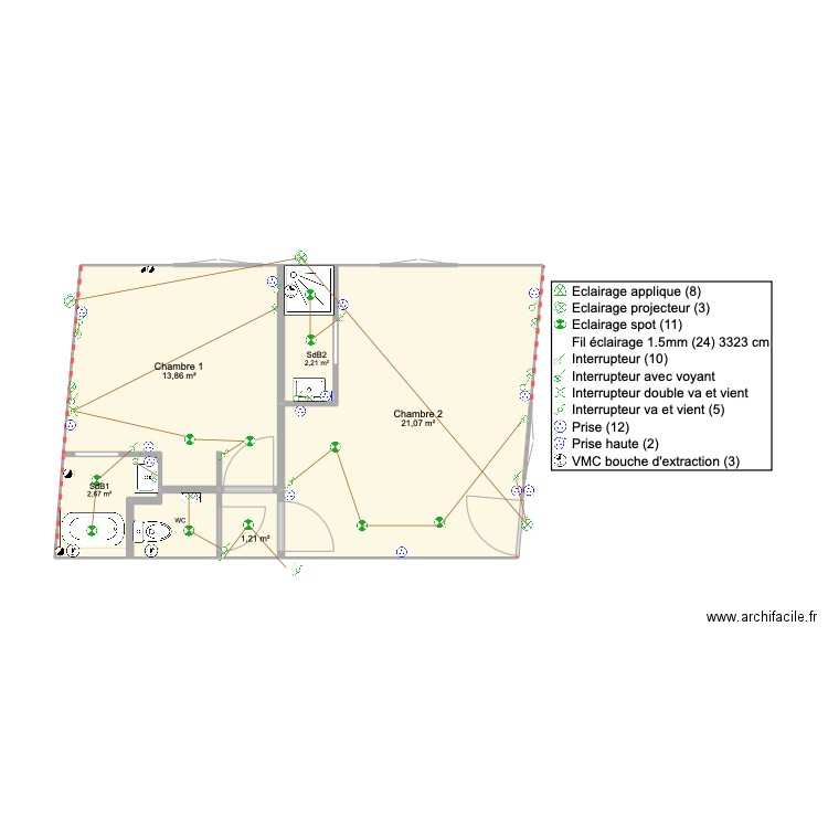 RDC ELECTRICITE. Plan de 6 pièces et 43 m2