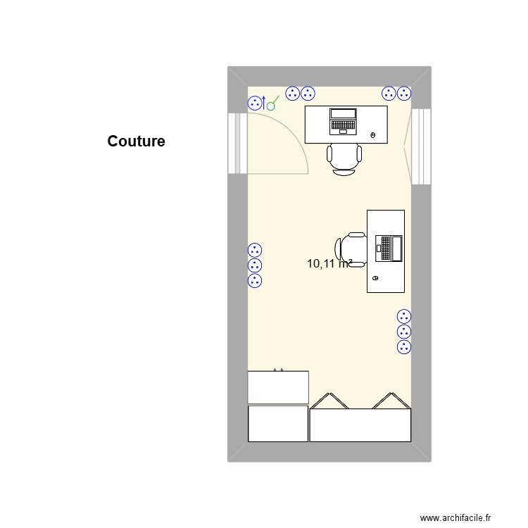 Couture. Plan de 1 pièce et 10 m2