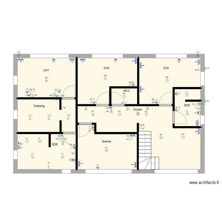 Jen et Simon +1 VF. Plan de 9 pièces et 81 m2