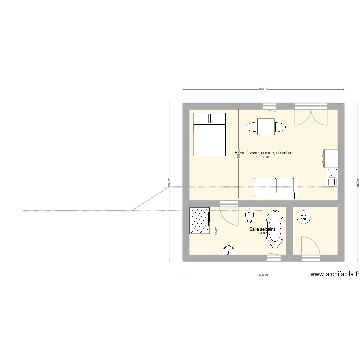 Studio Charlie. Plan de 2 pièces et 39 m2