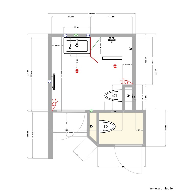 Salle d'eau 66 paroi de douche. Plan de 2 pièces et 2 m2