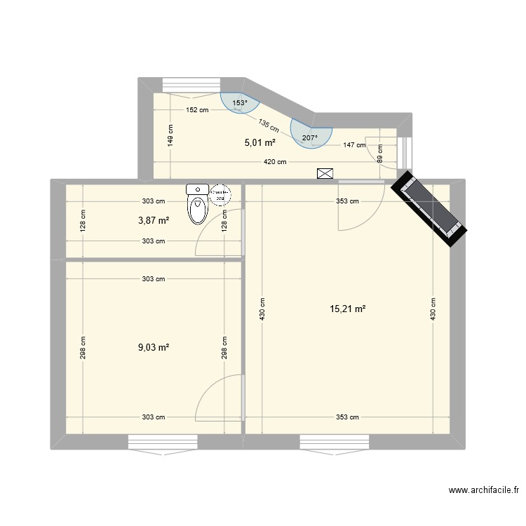 base. Plan de 4 pièces et 33 m2