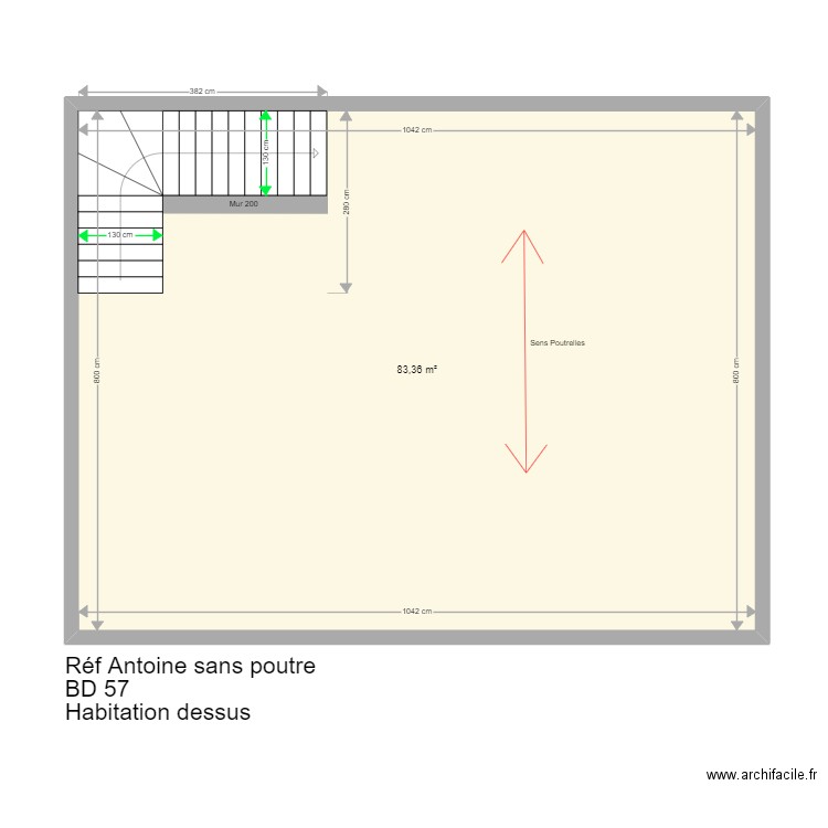 Antoine sans poutre. Plan de 1 pièce et 83 m2