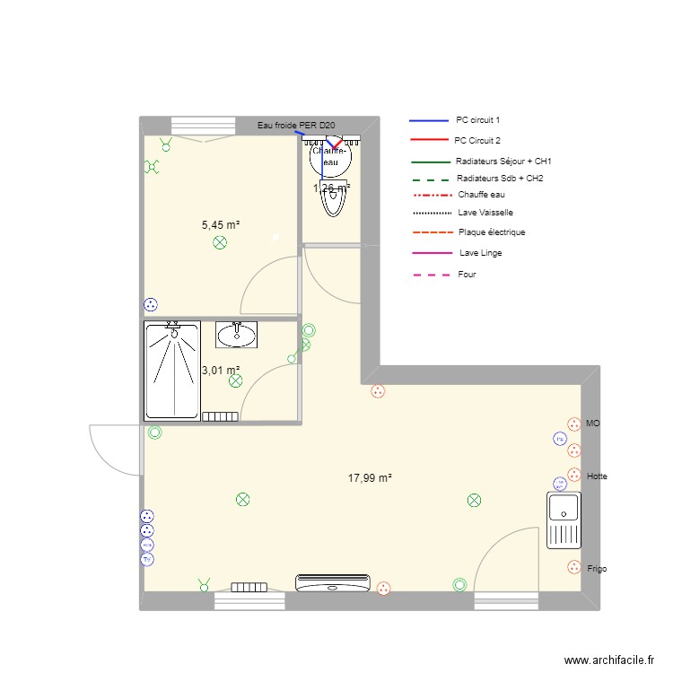 Plomberie Gite 1. Plan de 4 pièces et 28 m2