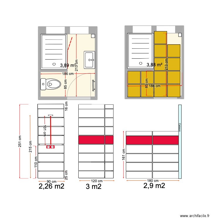 Salle de Bain. Plan de 2 pièces et 8 m2