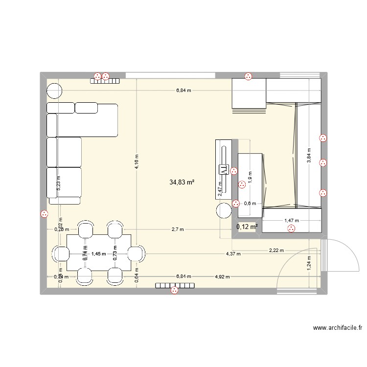 Salon Cuisine Entrée. Plan de 4 pièces et 35 m2