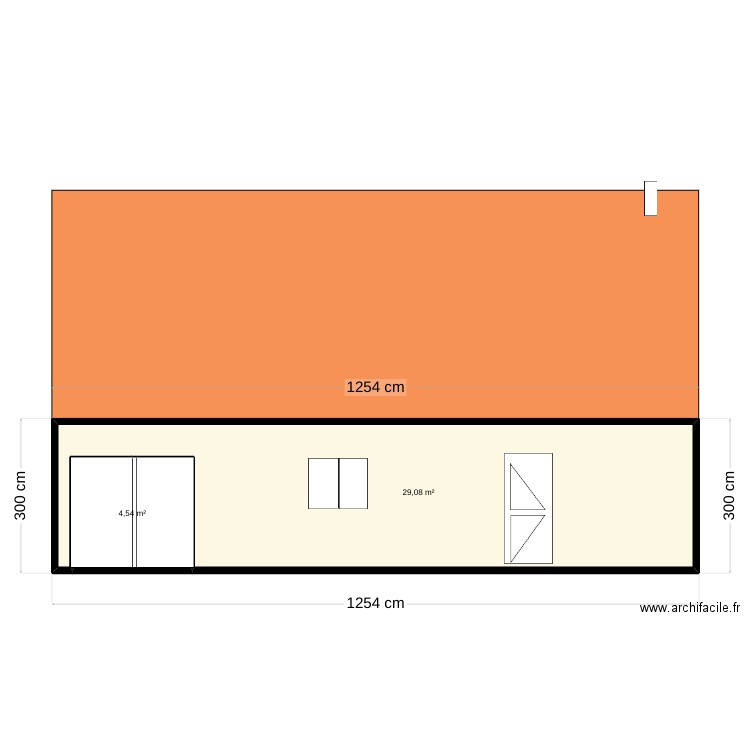 facade. Plan de 2 pièces et 34 m2