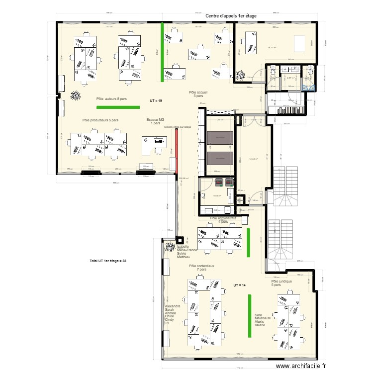 Plan 1er étage centre d'appels-08.2024-10. Plan de 11 pièces et 286 m2