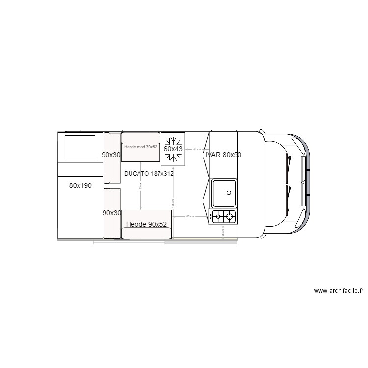 VAN cuisine transversale alt. Plan de 1 pièce et 6 m2