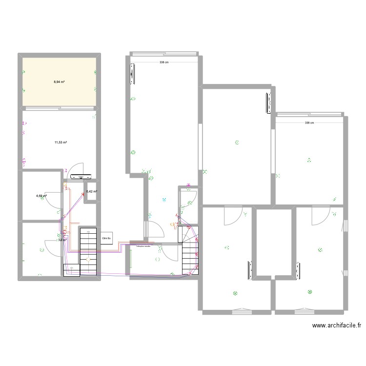 Cogo éclairage toilette escalier. Plan de 5 pièces et 38 m2