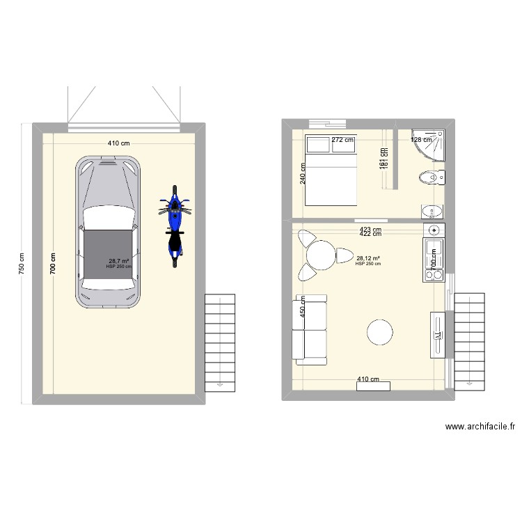 garage. Plan de 2 pièces et 57 m2