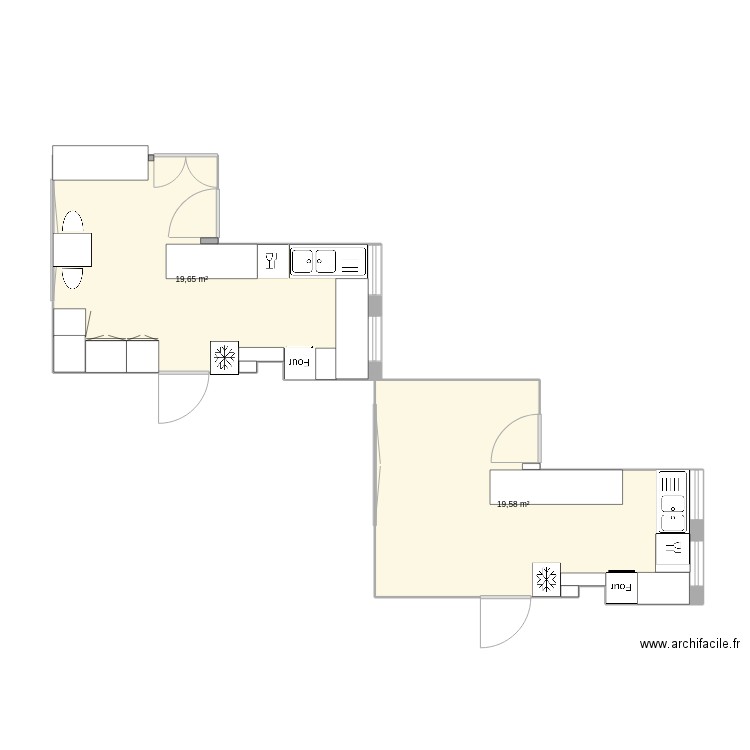 cuisine. Plan de 2 pièces et 39 m2