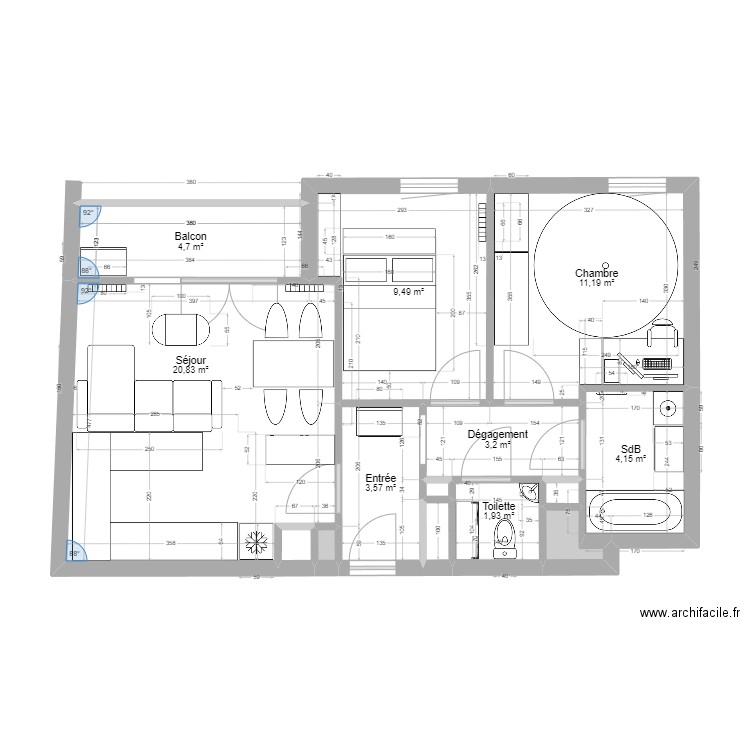 Test. Plan de 14 pièces et 61 m2